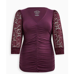 TORRID SIZE 3 LACE V-NECK RUCHED FRONT LONG SLEEVE TOP SIZE 22-24, 3X